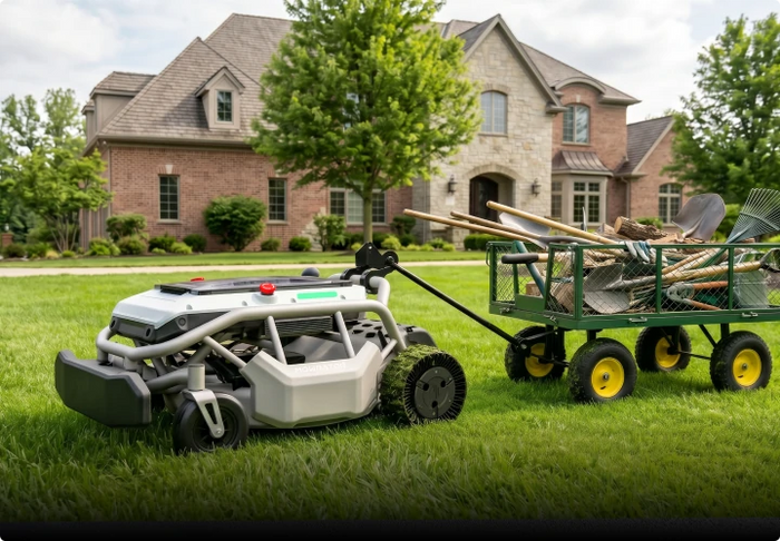 Mowrator S1 towing a trailer on a large property