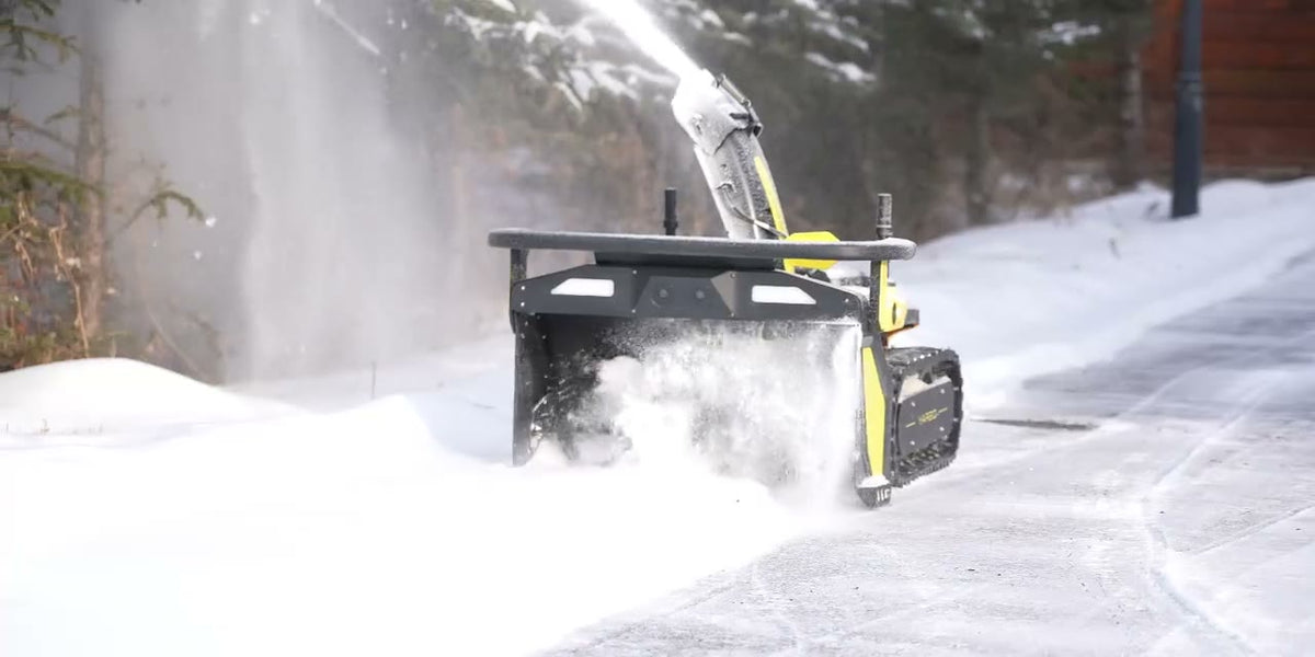 Yarbo snow blower throwing snow, close up