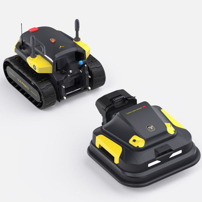 Two black yellow robotic mower units on white background