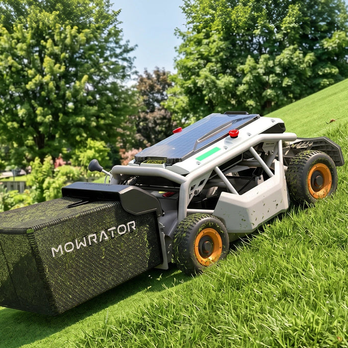 Mowrator S1 4WD mowing a steep grass bank by remote control