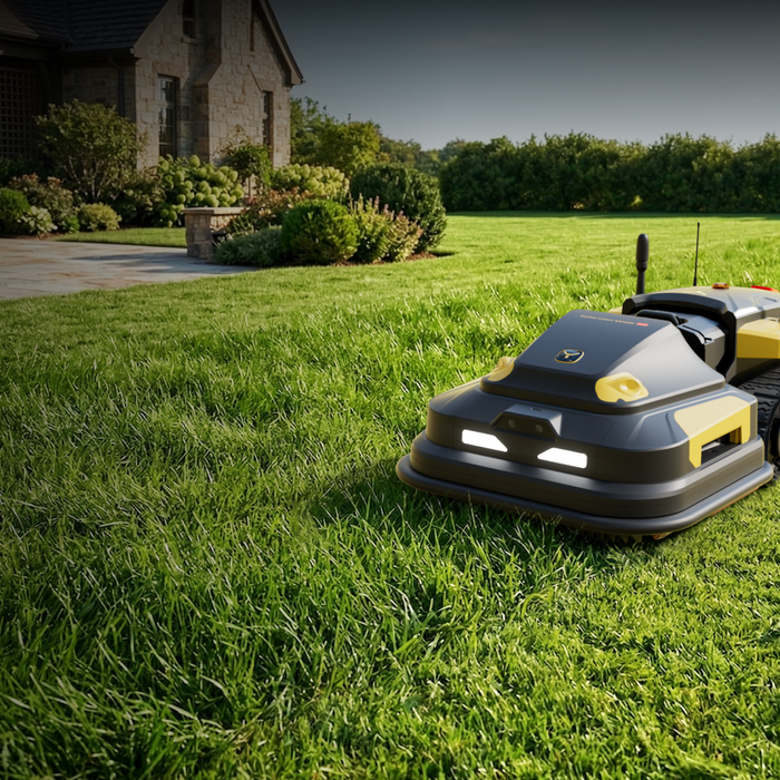 Yarbo robot mower on a large estate lawn in front of a house