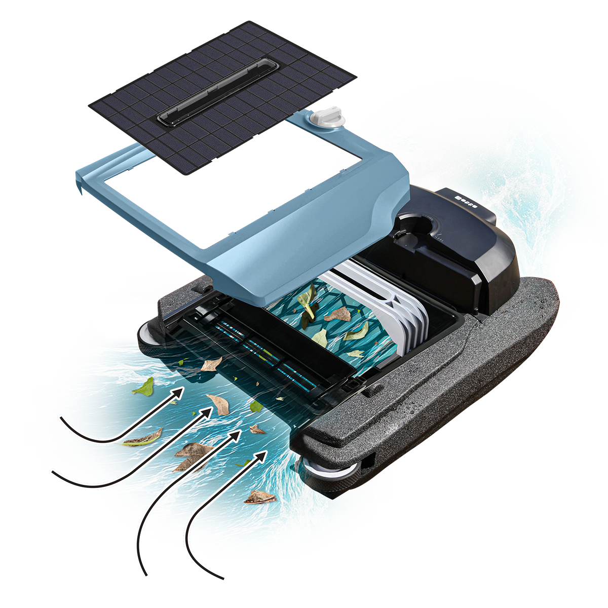 Exploded view of a Betta skimmer: solar panel, body, basket and motors