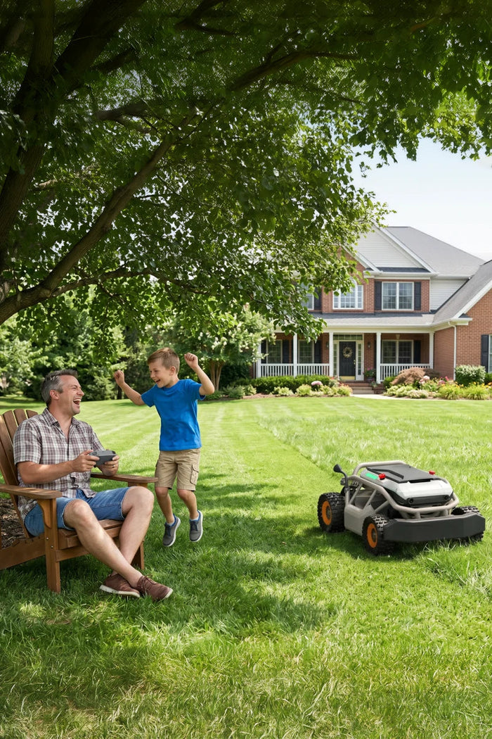 Father and son mowing together with the Mowrator
