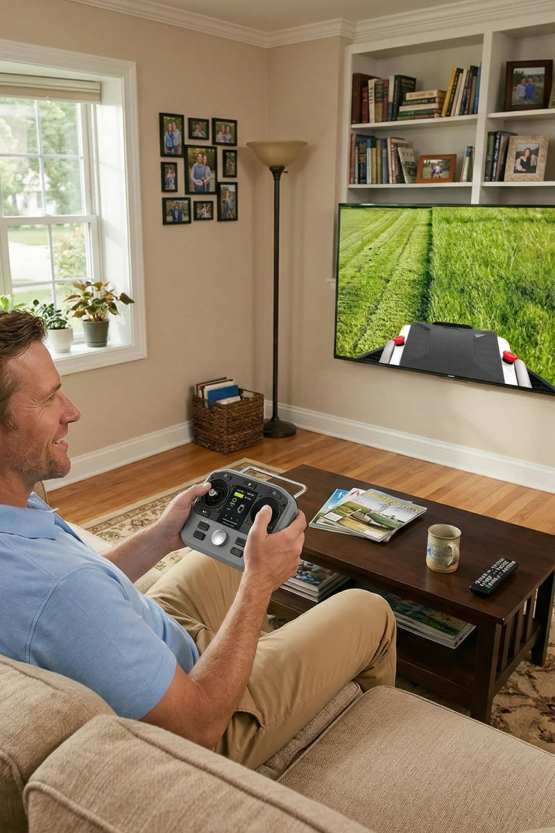 Homeowner driving the Mowrator from indoors with the FPV screen
