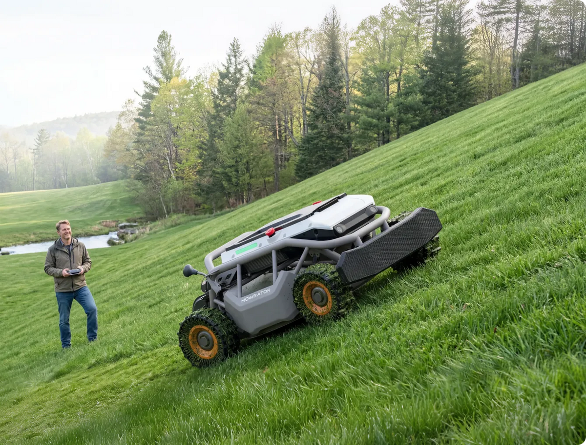 Mowrator S1 mowing a hillside while the owner stands at the top