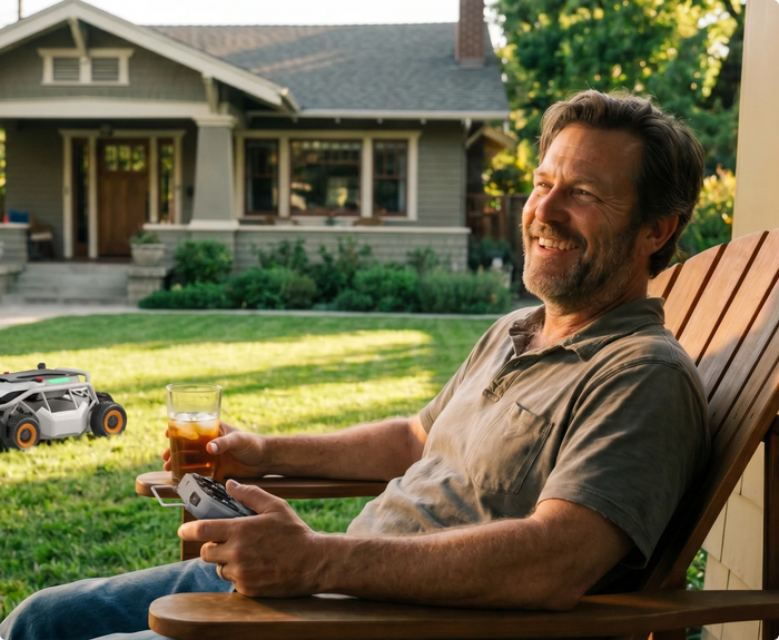 Homeowner relaxing on the porch while mowing with the remote