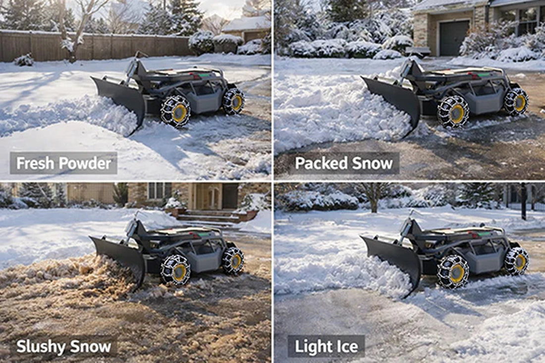 Mowrator snow plow on powder, packed snow and ice