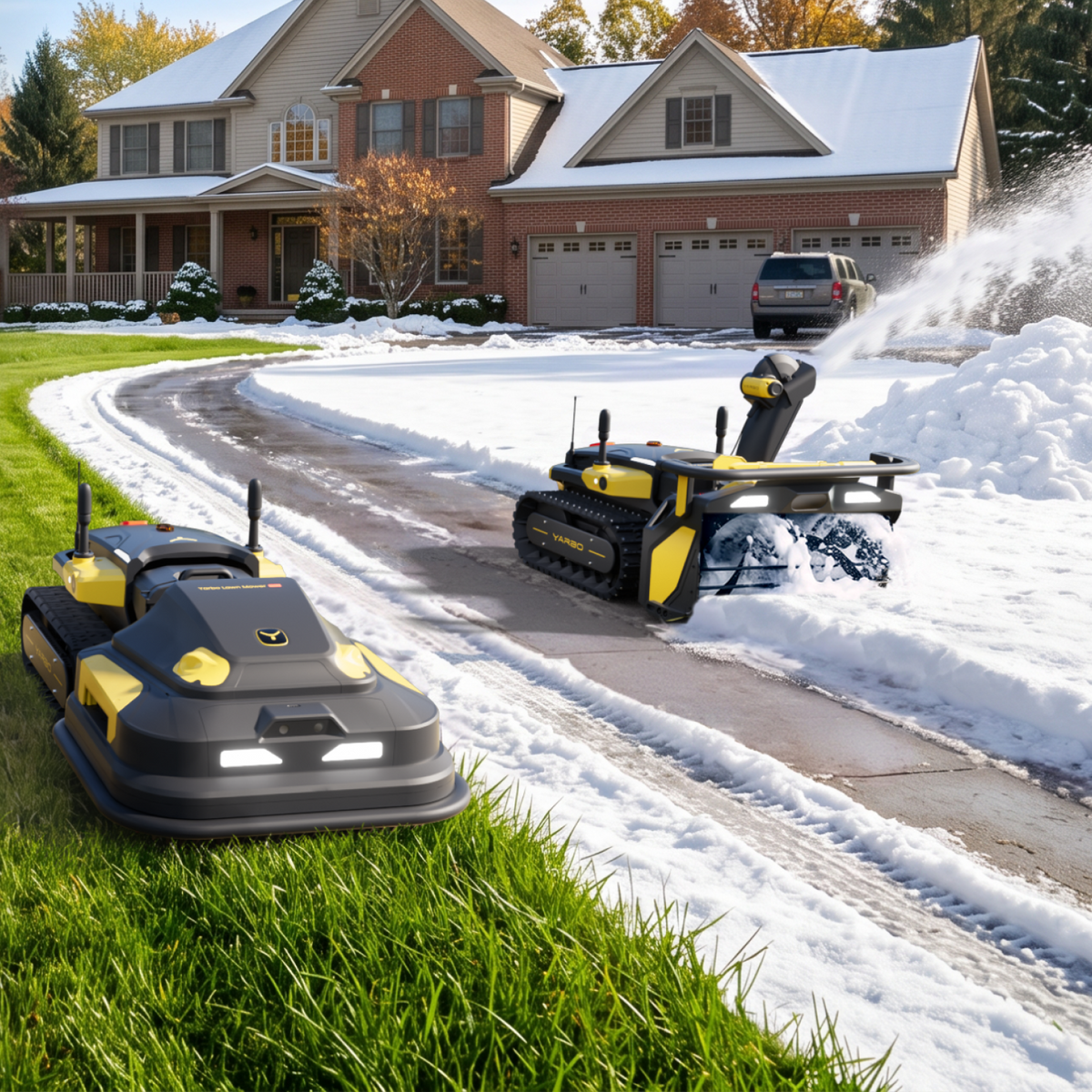 Yarbo robot on a home lawn with one side mowed and the other cleared of snow