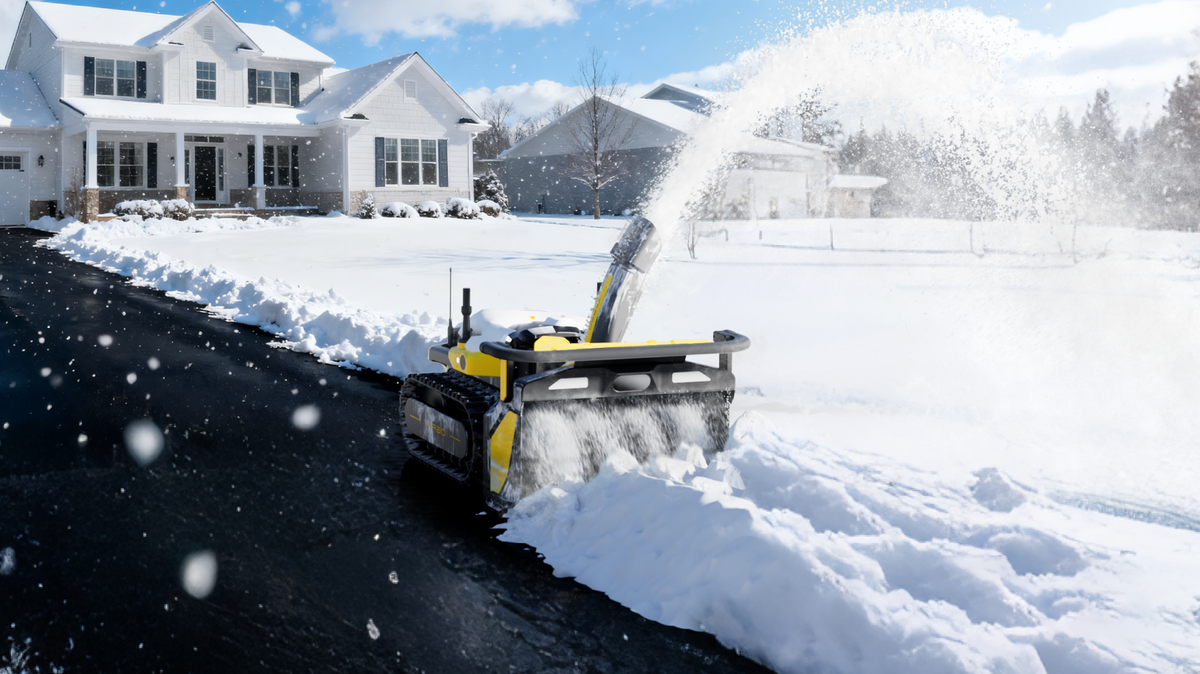 Yarbo Snow Blower clearing a driveway in front of a white house