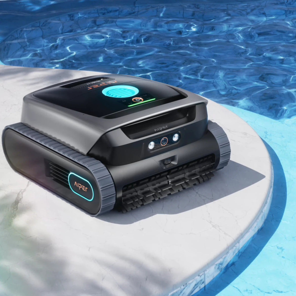 Aiper robotic pool cleaner resting beside a bright blue pool