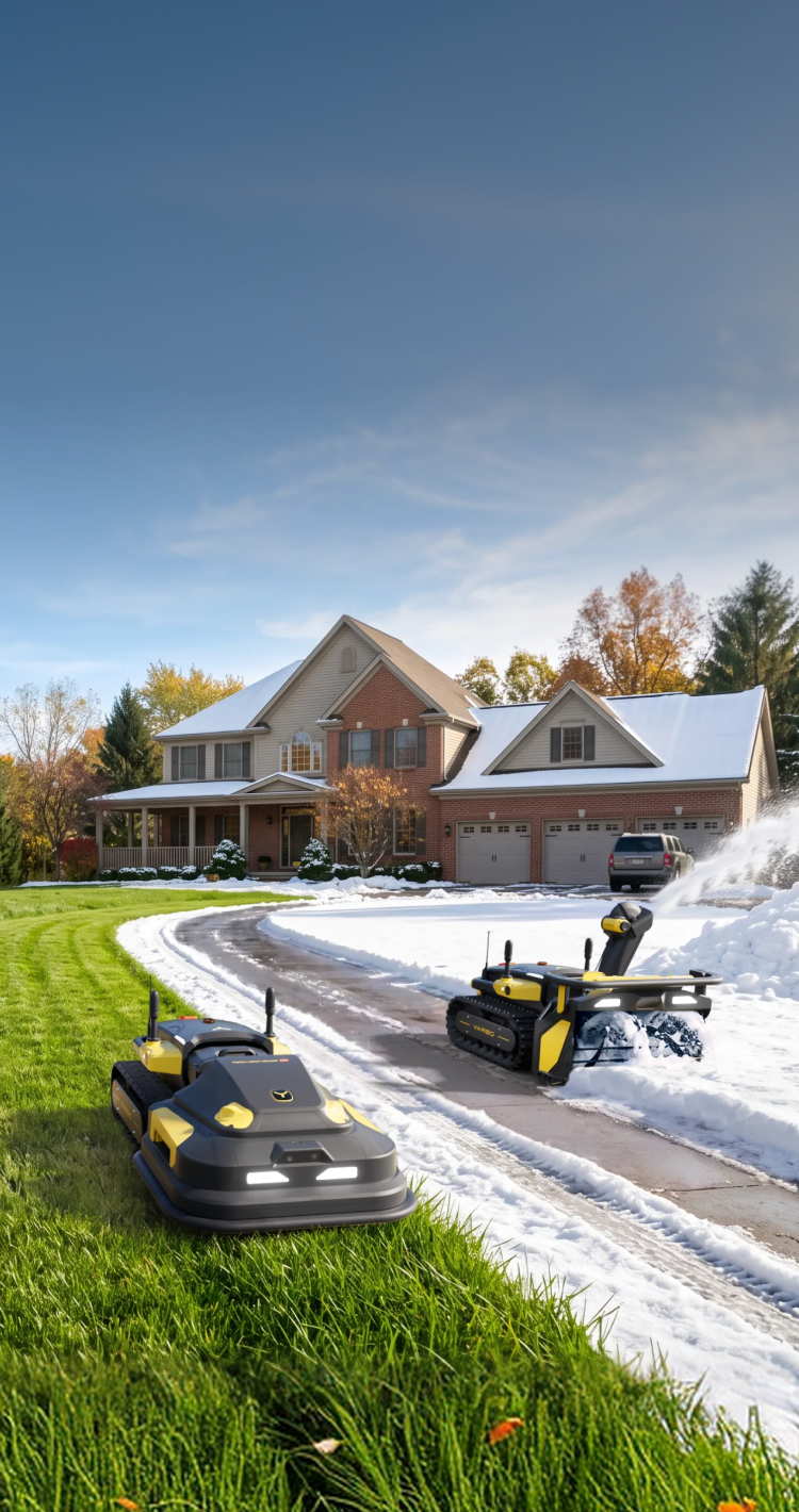 Yarbo clearing a snowy driveway in front of a house