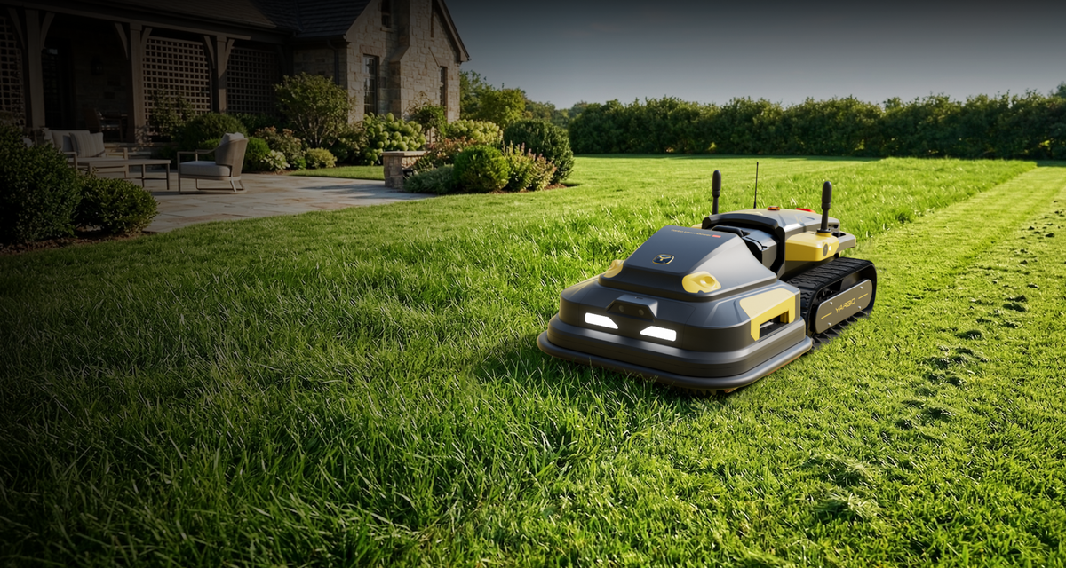 Yarbo mowing the lawn in front of a large home
